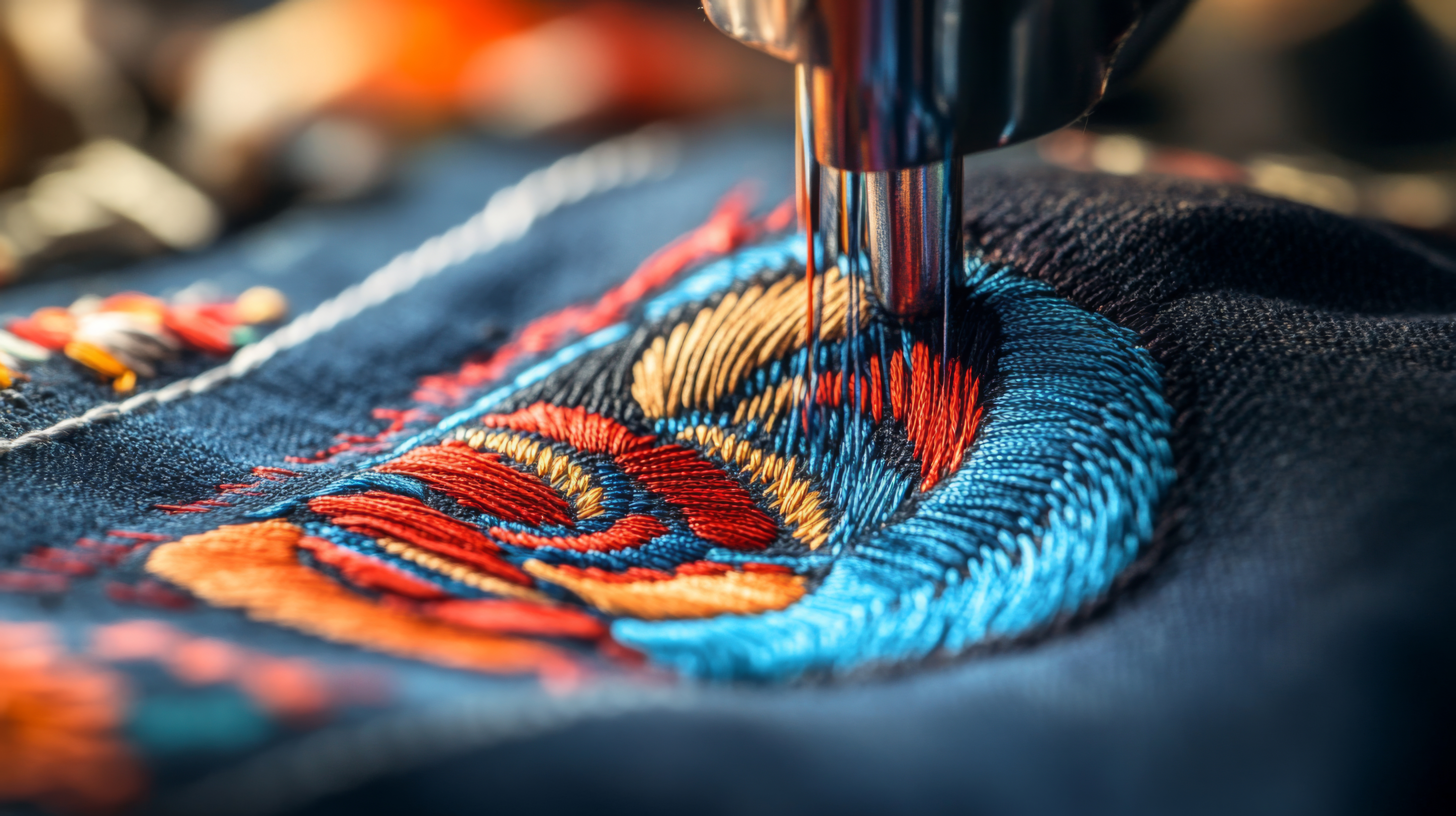 A sewing machine needle stitches vibrant threads onto dark fabric, showcasing intricate embroidery in progress.